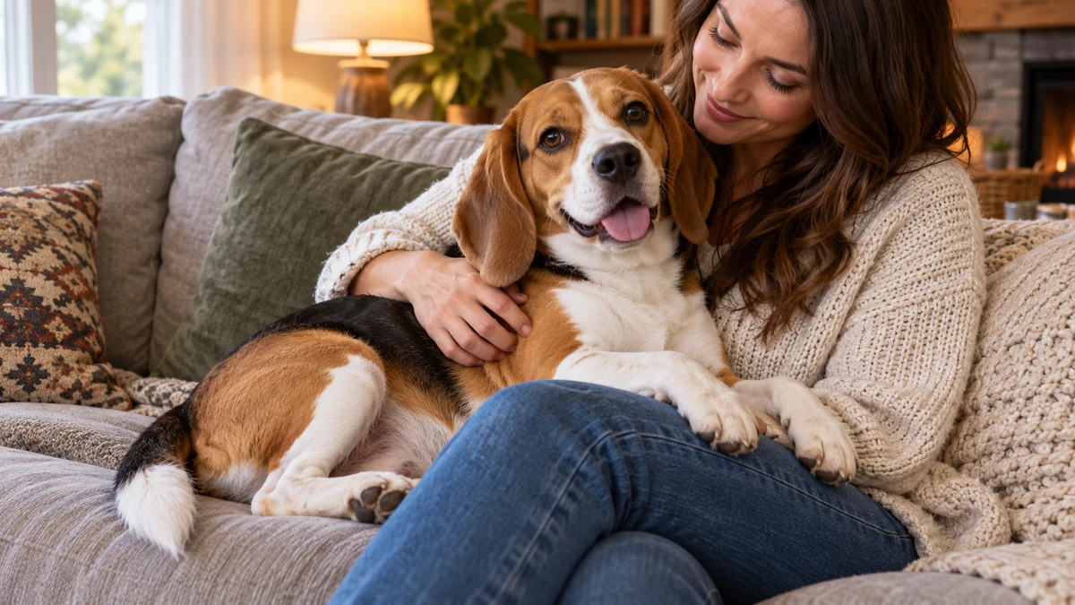 Beagle köpek — sahibinin kucağında