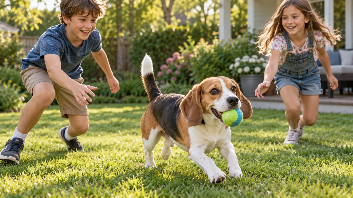 Beagle köpek — çocuklarla oyun