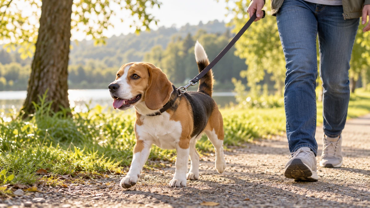 Beagle köpek — parkta yürüyüş ve egzersiz